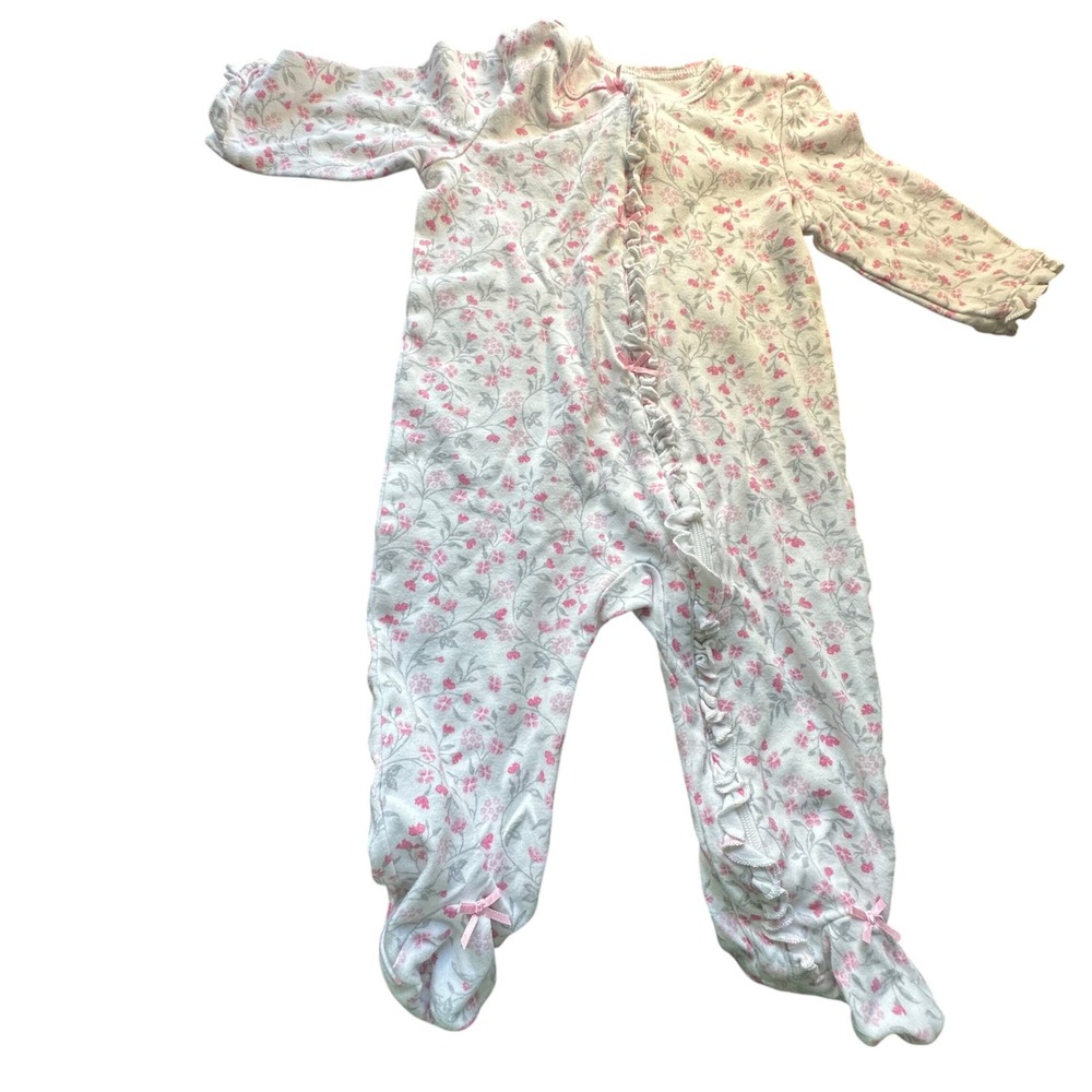 Baby‎ Girl Sleepers Footed Pajamas 3 Piece Set Floral Hearts Newborn Infant - Picture 3 of 8